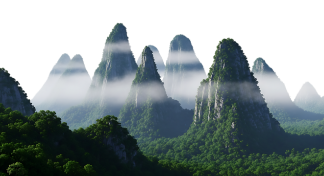 3d illustration of misty mountain peaks shrouded in fog, with lush green forest in the foreground, creating a mystical and serene landscape isolated on transparent background