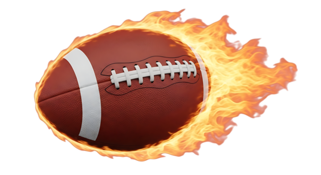 3d illustration of american football in flames, symbolizing intense competition and fiery action isolated on transparent background