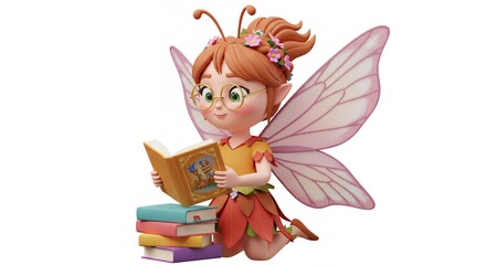 Smiling fairy character reading book