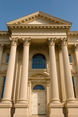 Fototapeta premium Neoclassical building facade featuring grand columns and symmetrical architecture, likely representing a courthouse, government building, or museum, under a clear blue sky.