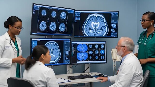 Medical Team Analyzing Brain Scans: Diagnostic Discussion and Collaboration