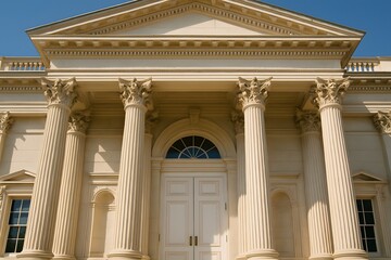 Fototapeta premium Neoclassical building facade featuring grand columns and symmetrical architecture, likely representing a courthouse, government building, or museum, under a clear blue sky.
