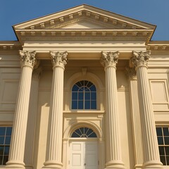 Fototapeta premium Neoclassical building facade featuring grand columns and symmetrical architecture, likely representing a courthouse, government building, or museum, under a clear blue sky.