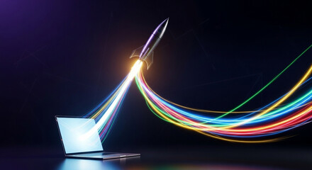 A rocket launching from a laptop screen with colorful trails symbolizing business growth