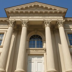 Obraz premium Neoclassical building facade featuring grand columns and symmetrical architecture, likely representing a courthouse, government building, or museum, under a clear blue sky.