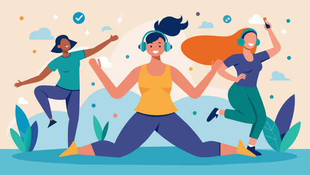 A dance fitness session that incorporates mindfulness techniques and upbeat music to boost mood and reduce stress.. Vector illustration