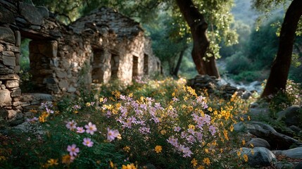 Fototapeta premium close up of overgrown stone ruins with wild california roses in summer light
