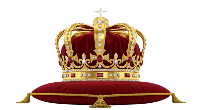 3d illustration of ornate golden royal crown adorned with red velvet and precious gemstones, resting on a cushion, isolated on transparent background