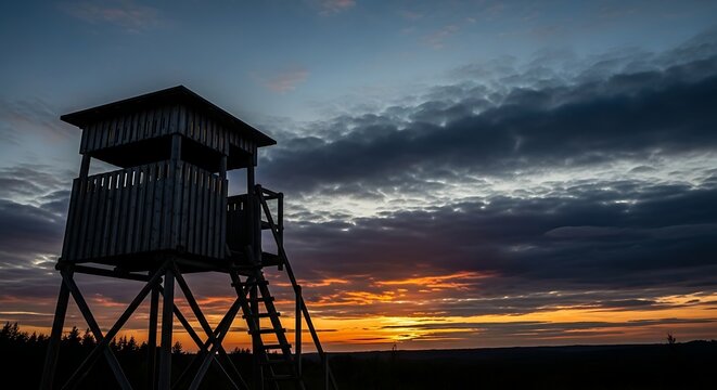 Silhouette of a hunting hide at sunset with vibrant sky and cloud formations