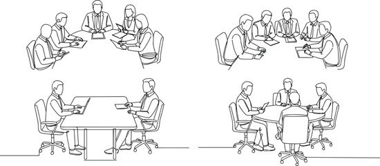  Business meeting line art, office teamwork discussion sketch, corporate collaboration illustration, boardroom strategy planning drawing, leadership