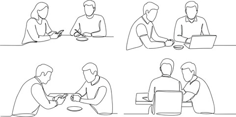 Business people discussion, office team meeting, brainstorming with laptop, mobile collaboration sketch, coworkers talking and working