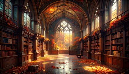 Autumn's Embrace: A Book-Lined Sanctuary Bathed in Golden Light, Gothic Library Interior with Fall Foliage and Sunlit Windows