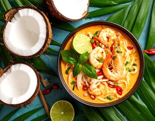 Bowl of spicy coconut curry noodle soup with shrimp, garnished with fresh herbs, surrounded by coconut halves and palm leaves on a teal background