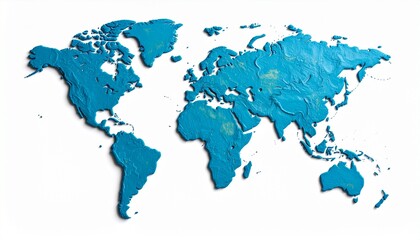 Handmade World Map Illustration in Soft Blue Clay - 3D Topographic Style for Education & Travel Design