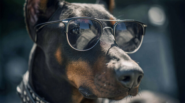 A close up of a doberman pinscher wearing sunglasses with a silver frame and chain collar