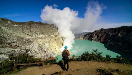 Dramatic view of the Ijen crater lake with steam and a visitor enjoying the vista, A lone traveler admires the turquoise crater lake of Ijen volcano amidst the dramatic volcanic landscape