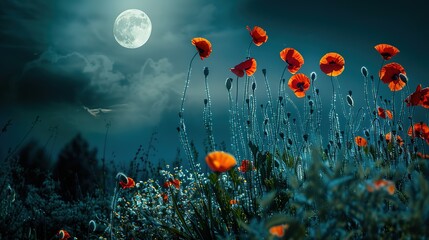 Obraz premium Orange and red poppies blooming under the glow of a full moon at night, their vibrant petals catching the silvery moonlight, set against a dark, starry sky, creating a striking and serene nocturnal 