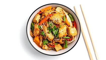 Bowl of stir-fried chicken and noodles with vegetables