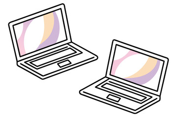 Two isometric laptops with abstract pastel colored screens on white background computer technology