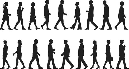 Silhouette of people walking, men and women, business casual style, side view, diverse poses, flat vector.eps