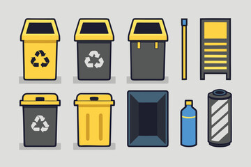 Various Recycling Bins And Waste Containers With Yellow Accents trash can garbage can