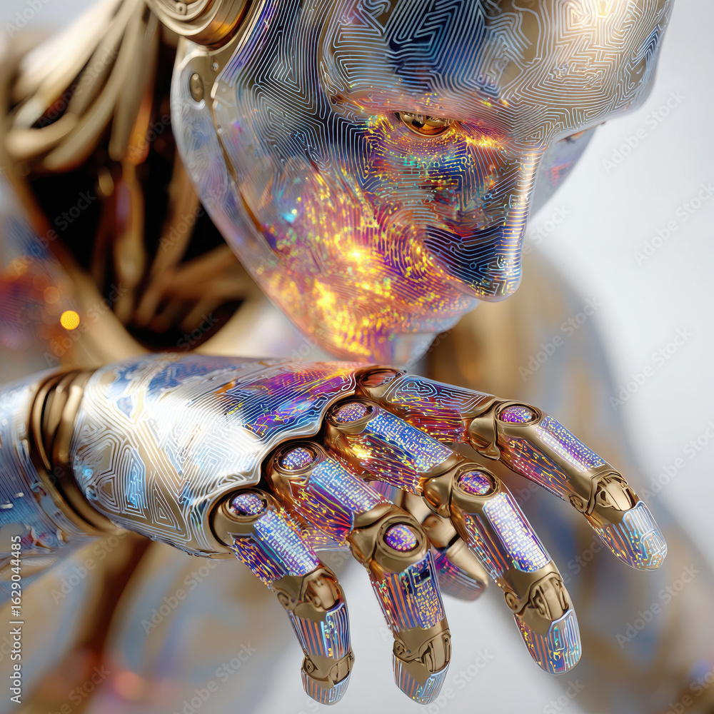 Poster robot hand with glowing circuits and futuristic design