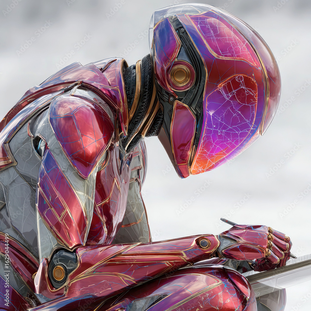 Poster futuristic robot with shiny red armor in thoughtful pose