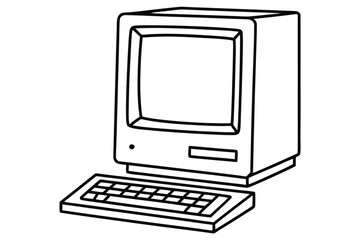 Vintage Desktop Computer and Keyboard Line Art on White Background vintage computer old computer