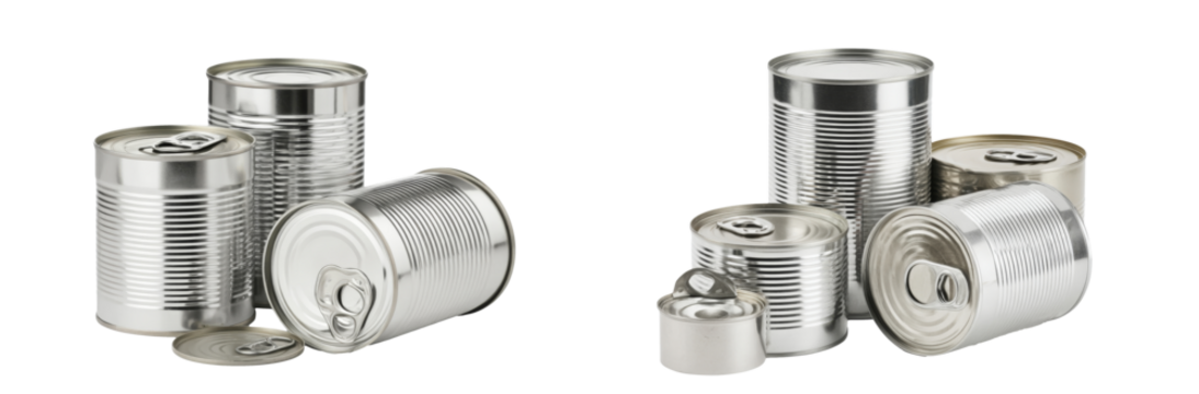 metal food cans, black background, collection of silver tin cans.