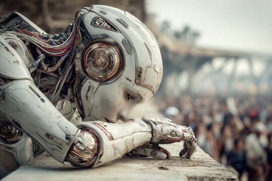 Humanoid robot woman DJ performs in neon-lit nightclub booth as crowd dances in background, vibrant lights and cyber atmosphere, ultra high resolution photo.
