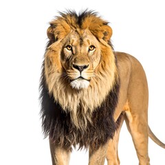 Obraz premium Majestic male lion, facing forward, against a white background