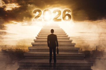 A man in a suit standing at the bottom of a staircase leading towards the light with the year 2026...