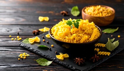Bowl of yellow pasta with herbs and spices on a dark wooden surface