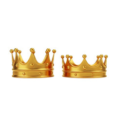 3d illustration of pair of elegant golden crowns in different sizes, symbolizing royalty and status, isolated on transparent background