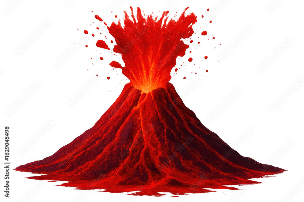 Poster volcano erupting with magma, molten lava, and a transparent background, perfect for compositing and 