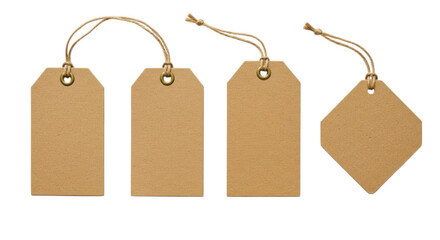 Four blank Kraft paper gift tags isolated on transparent background