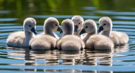 A group of fluffy swan cygnets swimming in a calm water body