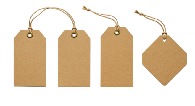 Four blank Kraft paper gift tags isolated on transparent background