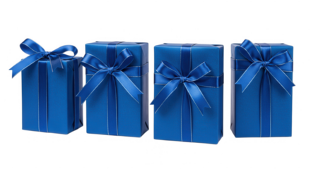 Four blue gift boxes with ribbon bows isolated on transparent background