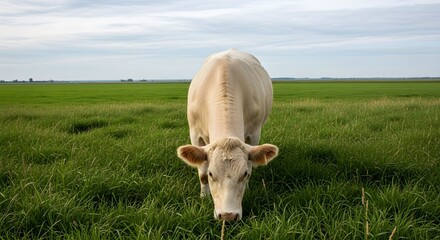 A cream colored cow grazing in a lush green field landscape