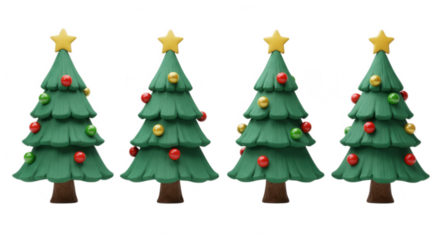 Four decorated Christmas trees isolated on transparent background