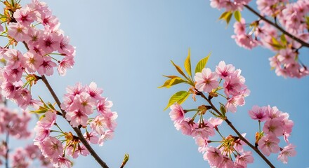 Pink cherry blossoms against a clear blue sky background