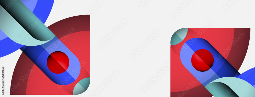 Poster abstract design features red, blue, teal shapes. overlapping curves create dynamic visual impact. mi