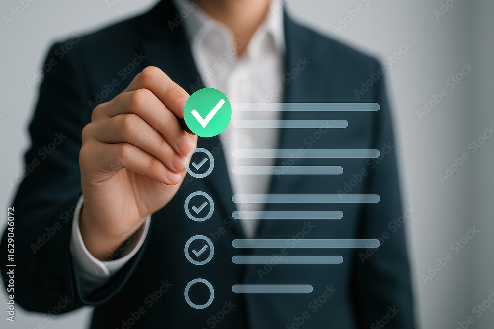 Poster business task completed: a professional in a suit meticulously checks off items on a digital checkli