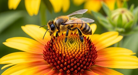 A bee perched atop a vibrant yellow and red gaillardia flower