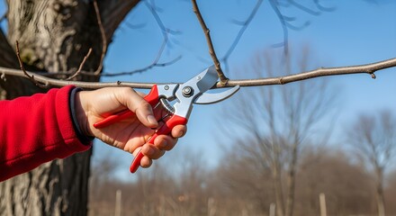 Person pruning tree branch with red handled pruning shears