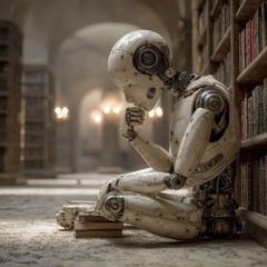 Humanoid AI robot sits alone in a library, surrounded by books, hand under chin in deep thought, soft warm light, photorealistic and intellectual mood.