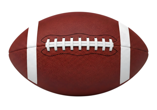 3d illustration of closeup of a brown american football with white stripes and stitching, isolated on a transparent background