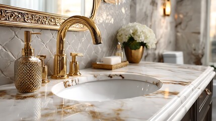 Elegant marble bathroom with a gold faucet, featuring an open white counter with plenty of space for personalization, perfect for high-end interior design projects.