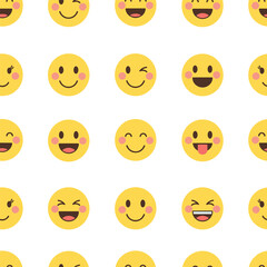 Seamless Pattern of Cute Yellow Emoji Faces - Vector Background with Smiling, Winking, and Laughing Emoticons 